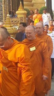 Dec. 5 - Ajahn Amaro and Luang Por Pasanno in line to formally receive their Jao Khun titles from the Prince of Thailand at The Temple of The Emerald Buddha, Bangkok. (video of the event can be seen at: http://www.abhayagiri.org/news/slideshow-of-chao-khu