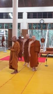 The new Jao Khuns and Luang Por Liem (abbot of Wat Nong Pah Pong) survey the scene in the Wat Pah Nanachat Meditation Hall before the ceremony which will draw upwards of 1,000 people from Ubon and the surrounding areas.