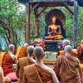 The community gathers at the outdoor meditation platform to celebrate Asalha Puja, commemorating the Buddha's first discourse with an evening of chanting, teaching, and meditation.