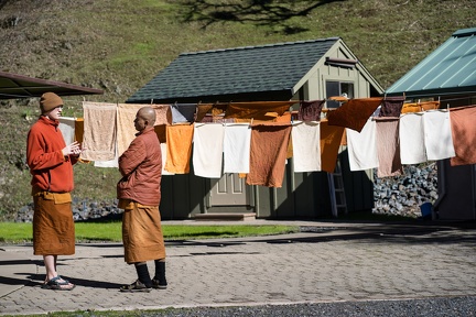 Monks chat outdoors during a rare sunny day in February.