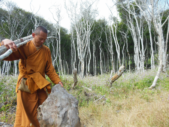 Ajahn Sek gathers poles for his glot umbrella tent and finds a nice flat piece of driftwood for sitting.