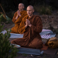 Ajahn Ñaniko leads chanting during an evening puja at the future chedi site, located above the Cool Oaks trail. 