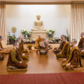 Dressed in his triple robe set, Dhammavaro, center, receives his monk ordination from Luang Por Pasanno in the presence of the Abhayagiri monastic community on May 17, 2020.